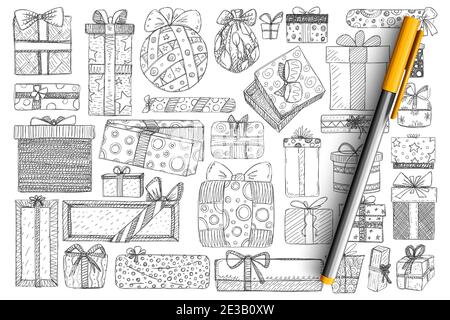 Holiday present in boxes doodle set. Collection of hand drawn festive holiday gifts in wrapping paper decorated with ribbons isolated on transparent background. Illustration of birthday and Christmas Stock Vector