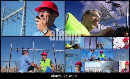 Collage of photographs showing power company engineers and workers at work. Utility workers at the power substation with power distribution equipment. Stock Photo