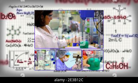 Collage of Photographs Showing Researchers Working in a Laboratory Over Background with Chemical Formulas. Laboratory Testing. Stock Photo