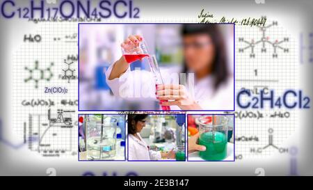 Collage of Photographs Showing Researchers Working in a Laboratory Over Background with Chemical Formulas. Laboratory Testing. Stock Photo