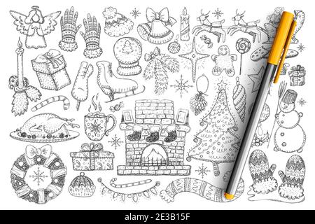 Christmas accessories and decorations doodle set. Collection of hand drawn snowman, fire, skates, candles, wreath, roasted turkey, snowball, decorations for home isolated on transparent background Stock Vector