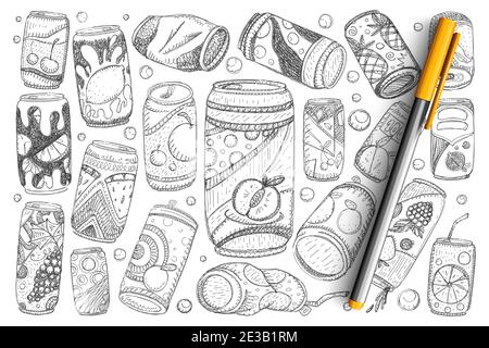 Jars with drinks doodle set. Collection of hand drawn fruit lemonade soda and refreshment drinks in metal bottles isolated on transparent background. Illustration of cold drinks for summer Stock Vector