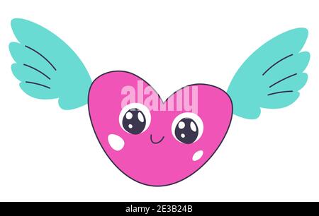 Winged heart with smile on face, sticker sign Stock Vector