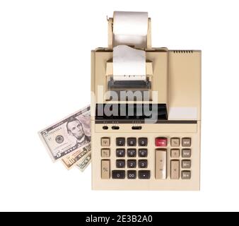 Old fashioned calculator dollars, isolated on white Stock Photo