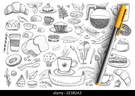 Breakfast essentials and food doodle set. Collection of hand drawn teapot, coffee, cake, bread, donut, sweets, desserts, hot drinks and cutlery isolated on transparent background  Stock Vector