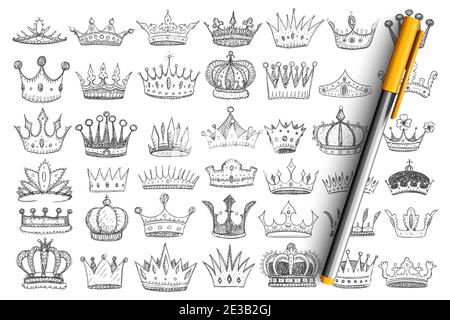 Elegant crowns for kings doodle set. Collection of hand drawn stylish crowns accessories headwear for kings and queens decorated with jewels and gems isolated on transparent background Stock Vector