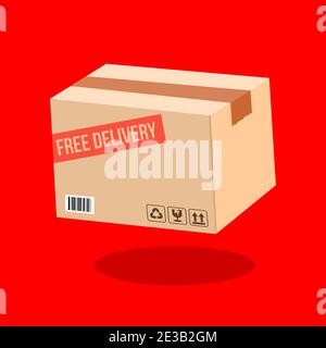 free delivery single image cardboard floating in red background vector illustration Stock Vector