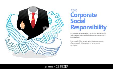 CSR corporate social responsibility concept. management wear businessman suit landing hand for handshake inside gear with custom text placement flat s Stock Vector