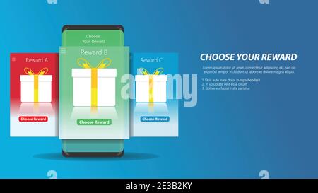 choose your reward. multiple choice gift in mobile phone screen with editable customized text placement minimalist clean modern vector illustration Stock Vector