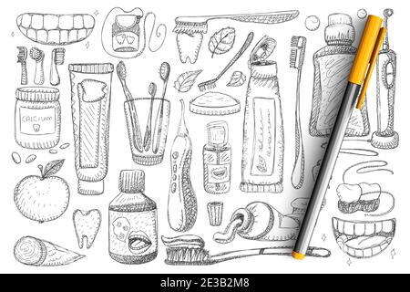 Tooth hygiene and health doodle set. Collection of hand drawn toothbrush, toothpaste, dental floss, teeth and white smile isolated on transparent background. Illustration of dental care  Stock Vector