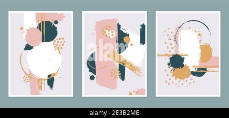 Set of modern hand drawn abstract poster designs. Vector illustration. Creative art backgrounds with paint brush strokes, shapes, and stains. Stock Vector