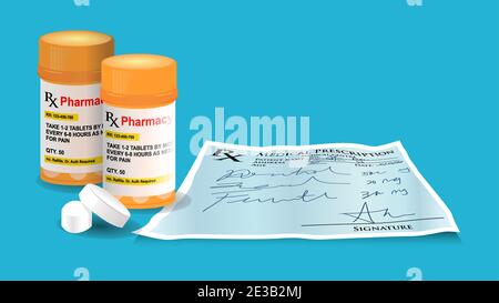 isolated medicine drug with medical prescription simple flat style vector illustration in modern blue background Stock Vector