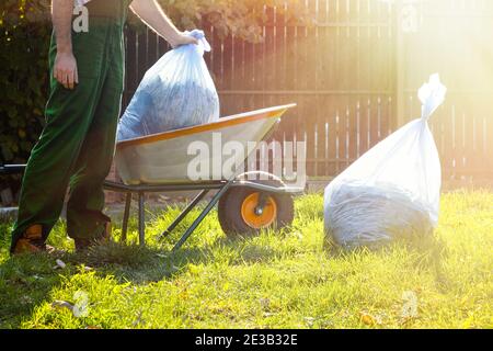 close-up of a man in a green uniform collecting garbage bags in a cart at sunset. Stock Photo