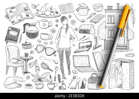 Feminine everyday essentials doodle set. Collection of hand drawn woman and cat, clothes, footwear, wardrobe, crockery, cosmetics, accessories, cat, home details isolated on transparent background Stock Vector