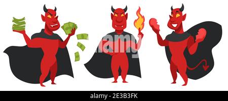 Devil with money, fire and broken heart character Stock Vector