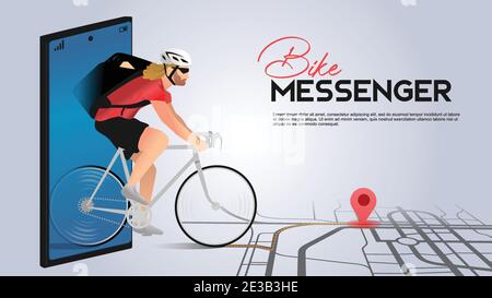 bike messenger on mobile city bicycle currier with city map and pin location route tracking Webpage, app design. Gray background. Perspective vector Stock Vector
