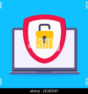 Privacy policy, safety lock and data protection metaphor. Shield with padlock on the laptop screen with personal data security protection symbol flat Stock Vector