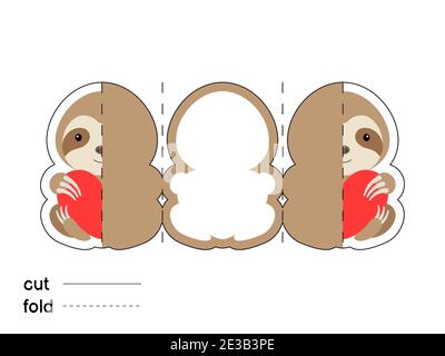 Cute sloth hold heart. Fold long greeting card template. Great for St. Valentine day, birthdays, baby showers. Printable color scheme. Stock Vector
