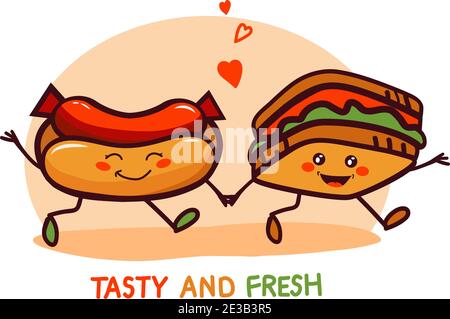 Cute cartoon smiling sandwich with hot dog, for fast food design, such a logo or illustration for food-design. Stock Vector