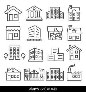Buildings and Houses Line Icons on white background Stock Vector