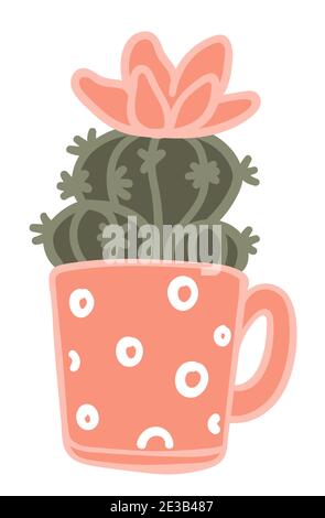 Blooming cactus growing in cup with handle vector Stock Vector