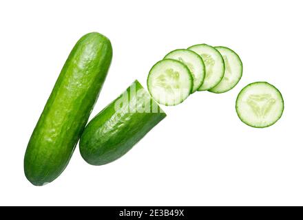Whole and slices cucumber isolated on white background - clipping path included Stock Photo