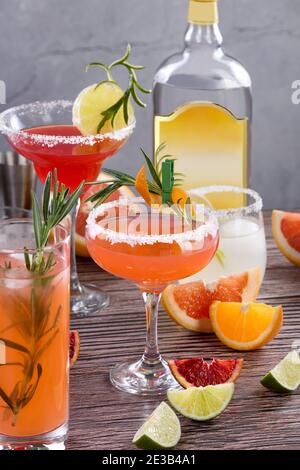 Pink Paloma cocktail with grapefruit juice, tequila and rosemary Stock Photo