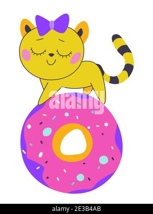 Kitty with closed eyes walking on glazed donut Stock Vector