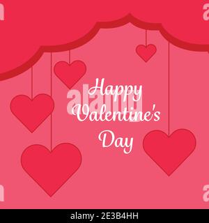 Happy Valentines Day greeting card, red ribbon with hearts on strings, square shape, vector flat illustration Stock Vector
