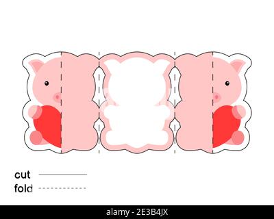 Cute pig hold heart. Fold long greeting card template. Great for St. Valentine day, birthdays, baby showers. Printable color scheme. Stock Vector