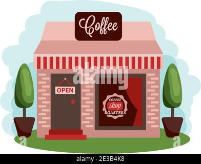 Central cafe building. Summer terrace. Set of elements for construction of urban and village landscapes. Vector flat illustration Stock Vector