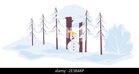 Snowy landscape with winter scape and snowman Stock Vector