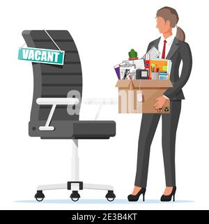 Office chair, sign vacancy. Employee with box with office goods. Hiring and recruiting. Human resources management, searching professional staff, work. Found right resume. Flat vector illustration Stock Vector