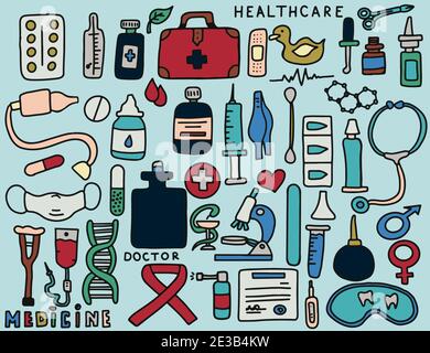 Medical doodle poster with medicines, test tubes and a thermometer. Big pharmacy set. Template for an advertising, patterns or remote medical consultations for adults and children. Colorful vector illustration card with hand-drawn pictures. Picture with DNA, drops, stilts, antibiotic, microscope, hot water bottle, tweezers, ointment, syringe, blood transfusion, flasks. Stock Vector