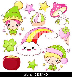 Set of St. Patrick's day icons in kawaii style. Little leprechaun, cute elf with pot of gold, rainbow, mushroom, gold coins in pot, clover leaf, ice c Stock Vector