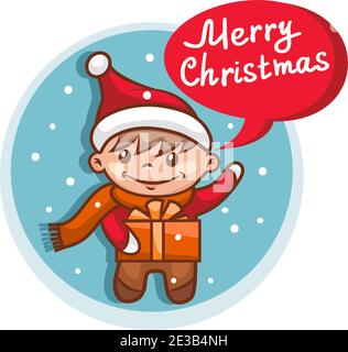 Merry Christmas flat icon with funny Santa Claus helper and red speech bubble. Vector colorful illustration isolated on white Stock Vector