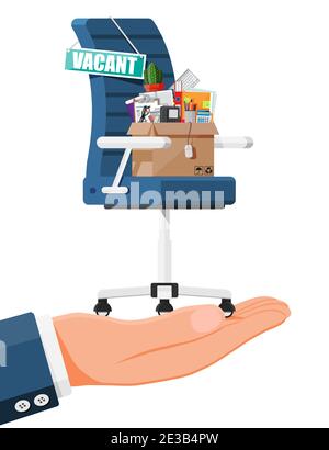 Hand with sign vacancy Box with - Office Chair Sign Vacancy Box With Office Goods Hiring And Recruiting Human Resources Management Concept Searching Professional Staff Work Found Right Resume Vector Illustration In Flat Style 2e3b4pw
