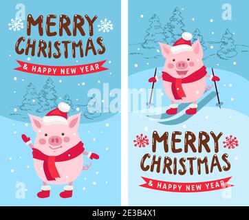 Merry Christmas and Happy New Year 2019. Vector illustration, funny card design with cartoon pig. Stock Vector