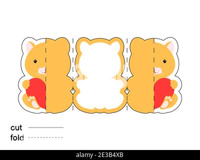 Cute hamster hold heart. Fold long greeting card template. Great for St. Valentine day, birthdays, baby showers. Printable color scheme. Stock Vector