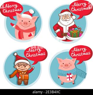 Merry Christmas flat icons set with funny Pig Santa Claus and red speech bubble. Vector colorful illustration isolated on white Stock Vector