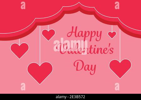 Happy Valentines Day greeting card, red pink heart on a white thread, rich scarlet color, vector illustration design Stock Vector