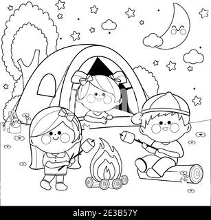 Happy children in a forest camping site at night. Vector black and white coloring page Stock Vector