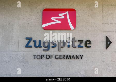 Zugspitze, Germany - Aug 5, 2020: Sign of Zugspitze mountain Stock Photo