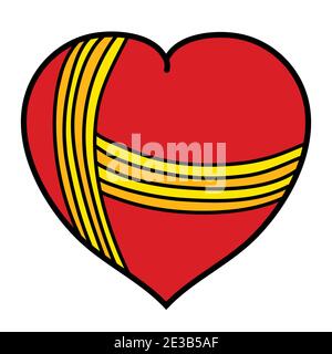 Red heart with yellow ribbons decoration, hand drawn flat vector illustration Stock Vector
