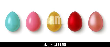 Set of 3D realistic, golden, pink, blue and red Easter eggs isolated on white background. Vector Stock Vector