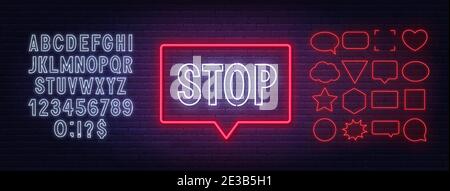 Neon stop sign in a frame on brick wall background .White neon alphabets and red speech bubble frame. Stock Vector