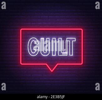 Guilt neon sign on brick wall background . Stock Vector