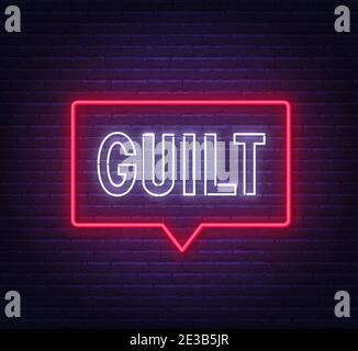 Guilt neon sign on brick wall background . Stock Vector