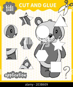Children board animal game cut shape and glue in place for preschoolers and primary school students worksheets.Page read and match for kids Stock Vector