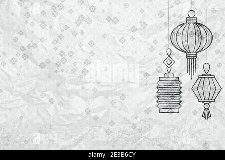 Card with chinese paper lanterns. Monochrome drawing Stock Vector